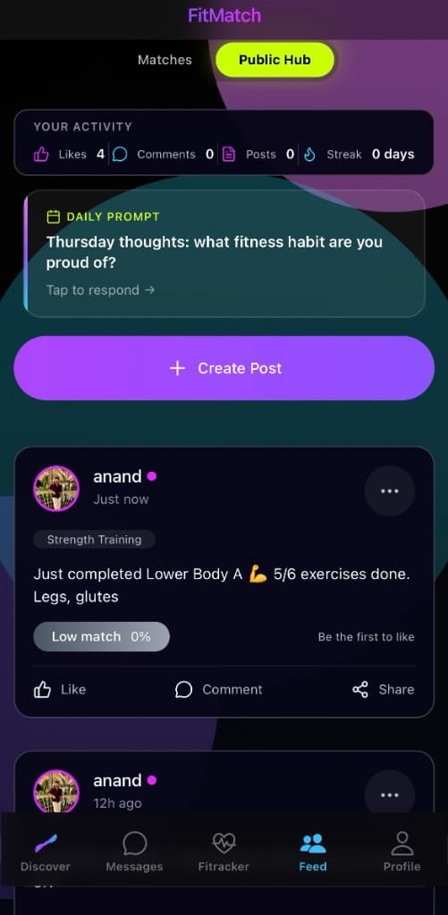 Social Feed – activity, daily prompt, and posts